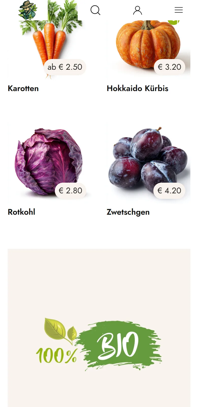 Hofladen-Sortiment im Online-Shop auf dem Smartphone: Karotten, Kürbis, Rotkohl